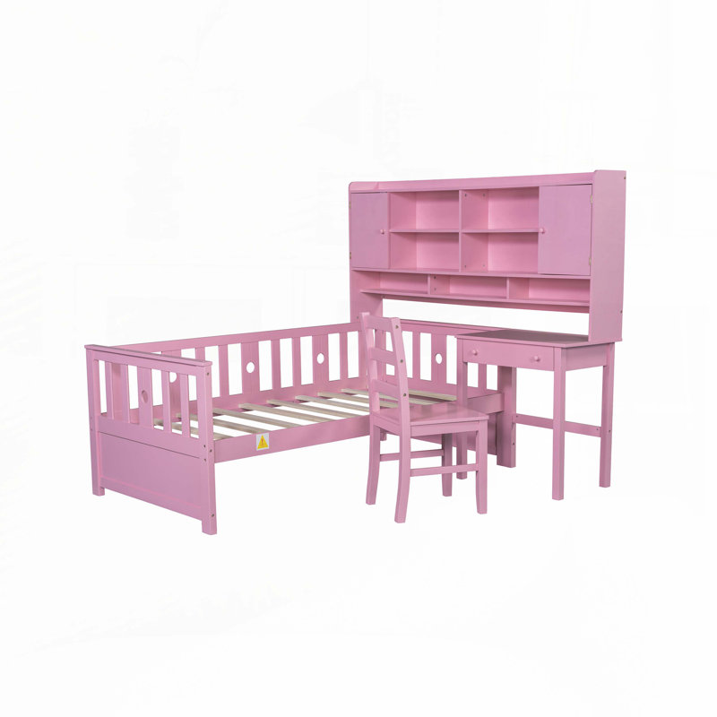 Wood Platform Bed with Bookshelf at the Head of the Bed, Built-in Desk and Matching Chair, Pink