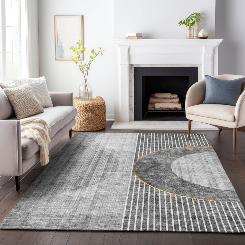 Tapis gris anthracite lavable à la machine Premium Prisco, Rectangulaire 3 pi x 5 pi