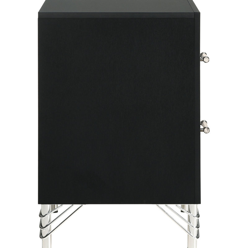 Élégante table de chevet noire 2 avec garniture, longues poignées et style élégant en épingle à cheveux pour une utilisation contemporaine