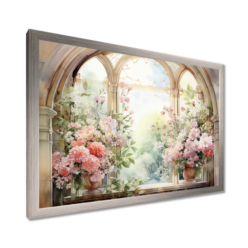 «Pink Blossoming Country Window Gaze V», reproduction d'art sur toile, Cadre de coin argenté fermé