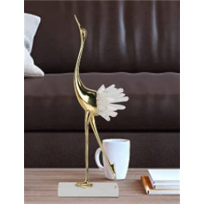Élégantes statues d'oiseaux grue avec des accents de queue de cristal, figurines décoratives en laiton pour la décoration intérieure (blanc)