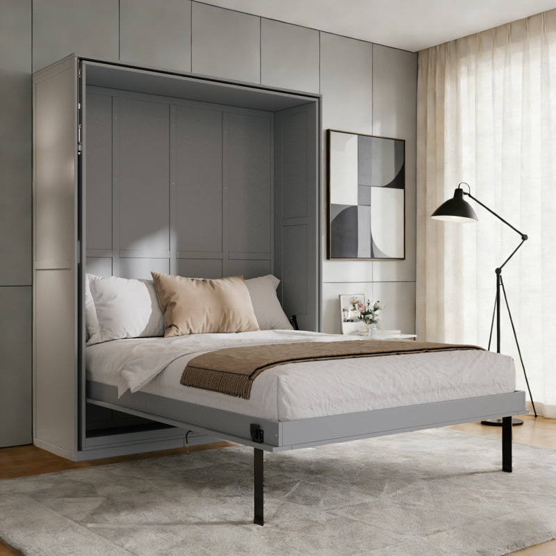 Grand lit escamotable rotatif avec supports de rangement cachés, lit mural multifonctionnel peu encombrant pour le bureau à domicile et les petites pièces, gris