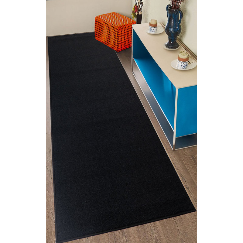 Custom Size Anti Slip Low Profile Plain Black Runner Rug, Runner 2'2" x 13'