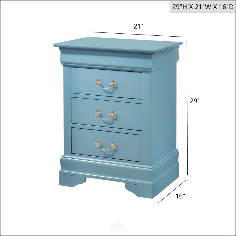 Table de chevet traditionnelle sarcelle avec trois tiroirs, conception compacte et aucun assemblage requis pour un plaisir instantané
