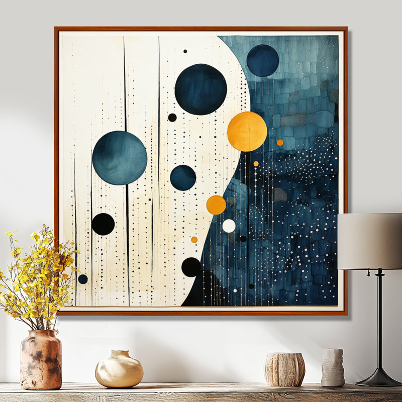 Bleu sarcelle jaune Mid Century Minimalist Rain I - art mural minimaliste pour le salon, H 24 po x l 24 po x P 1 po