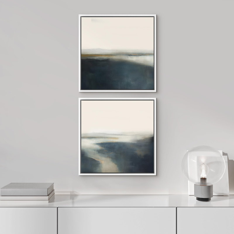 Ensemble de 2 paysages encadrés sur toile marine et gris marine, H 16 po x l 16 po, Cadre flottant blanc