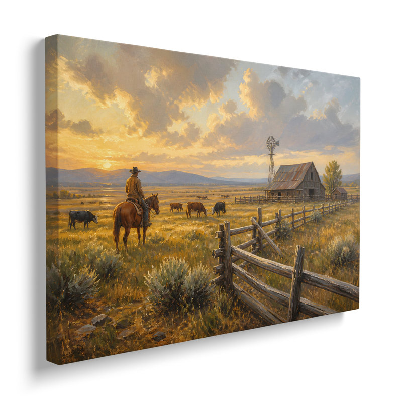 Reproduction sur toile d'une peinture représentant un ranch de cowboys au coucher du soleil - 51 x 76 cm, 20"Hx30"W