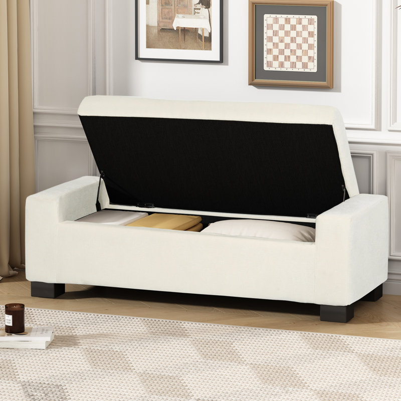 Banc ottoman rectangulaire de 127 cm (50 po) en tissu texturé, avec couvercle à charnières et rangement intégré, 1 pièce, blanc, polyester