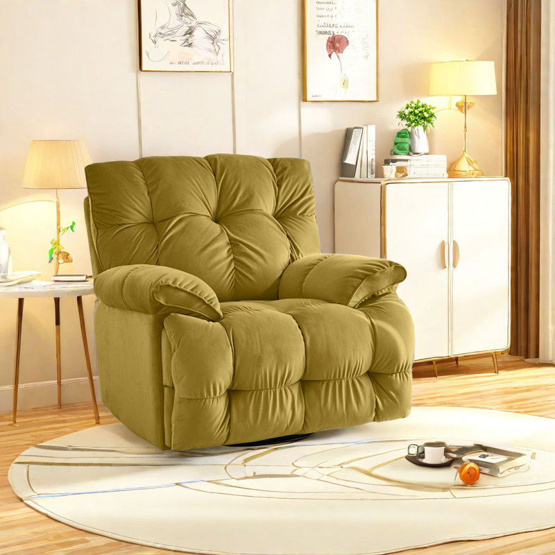 Casual Carbon Steel Frame Recliner With High Elast Swivel Recliner, Yellow Polyester Blend