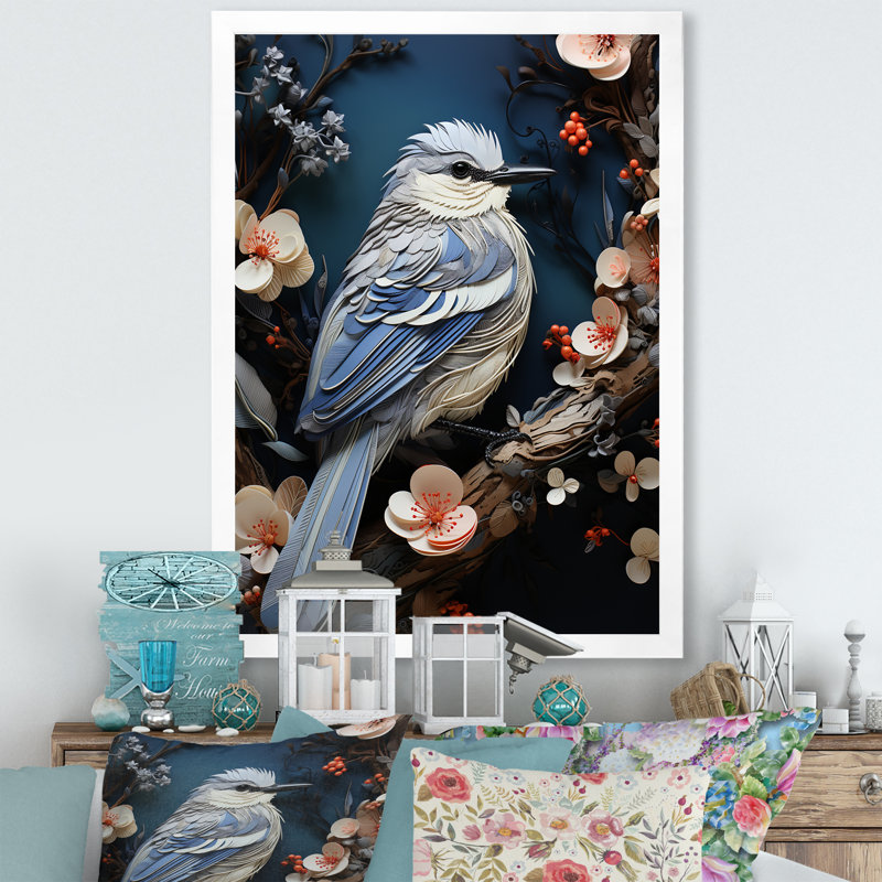 Oiseau nid surréel sur fleurs I - décoration murale oiseau, Cadre simple blanc, H 44 po x l 34 po x P 1,5 po
