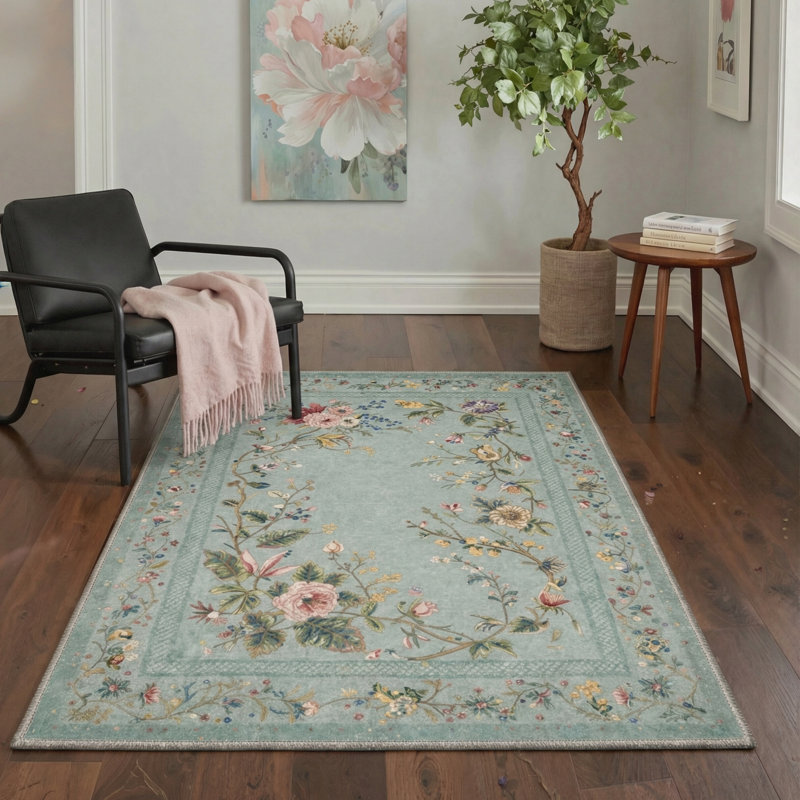 Floral Machine Washable Area Rug Green with Non-Slip Backing, Rectangle 5' x 7'