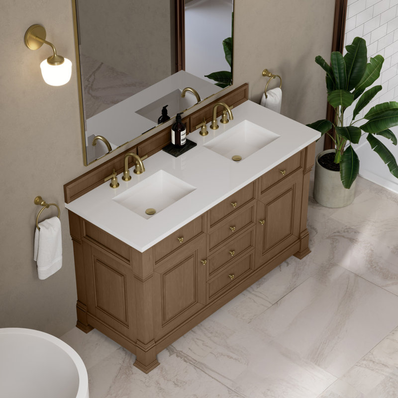 Brookfield 60 in. Double Vanity, Pecan, White Zeus, Widespread