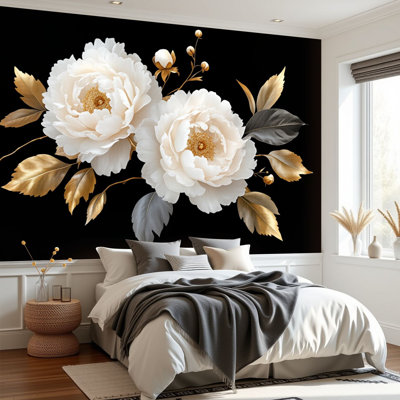 Papier peint auto-adhésif moderne, élégant, pivoines à fleurs blanches, feuilles dorées, texture métallique, papier autocollant amovible, décoration murale pour salon, chambre à coucher H 69 po x l 96 po