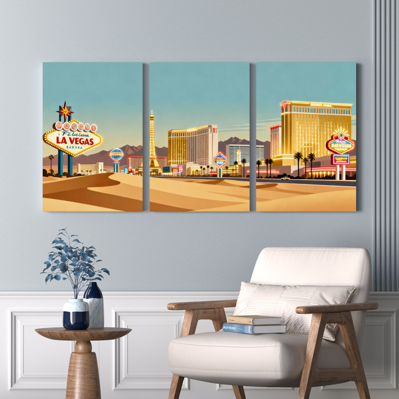 Ensemble de 3 toiles murales représentant la ligne d'horizon de Las Vegas, H 30 po x l 60 po