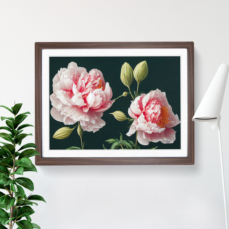 Fascinating Peony Flowers 1 Piece Single Picture Frame Wall Art, 34cm H x 46cm W x 2cm D, Walnut Framed
