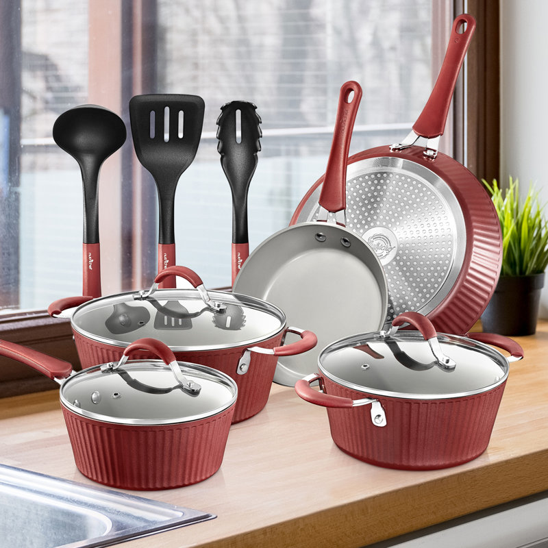 NutriChef 11-Piece Red and Gray Non-Stick Aluminum Cookware Set