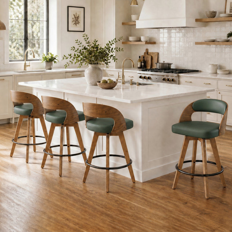 Humphery Modern Swivel Faux Leather Stools (Set Of 4), Bar Stool (30" Seat Height), Green Faux Leather