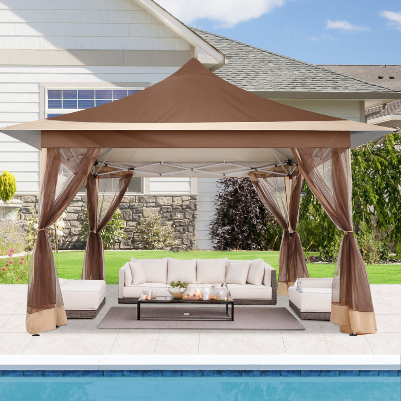 Brown and Beige 12x12ft Waterproof Pop-Up Gazebo Tent with Mosquito Netting