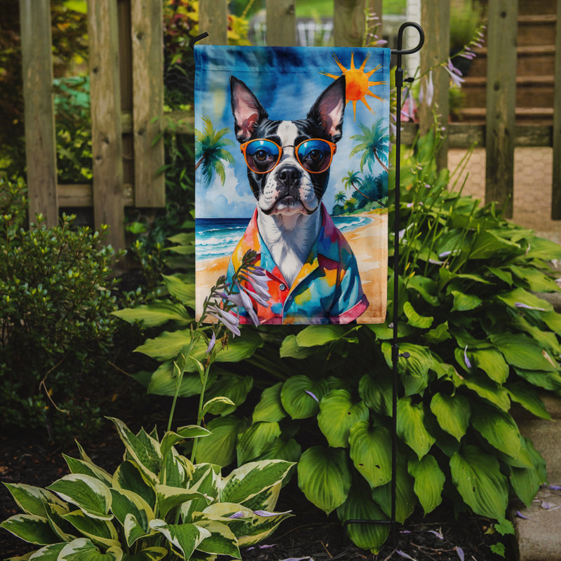 Bouvier bernois avec drapeau de jardin, Boston Terrier