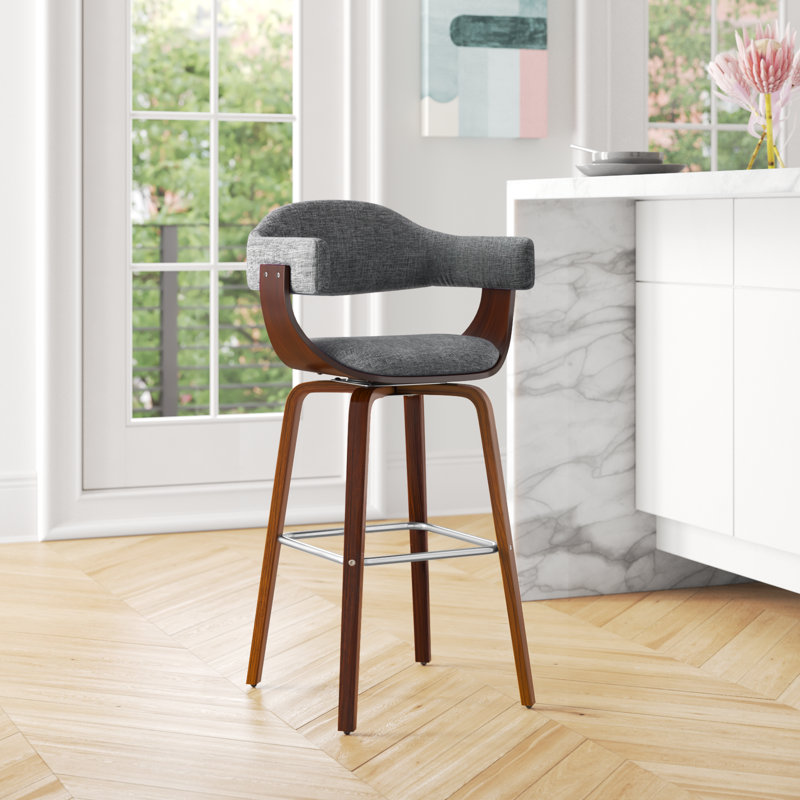 Tabouret tournant Valazquez, revêtement en tissu, pieds en bois de noyer, Gris