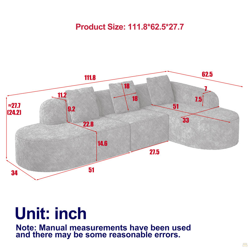 Canapé modulaire incurvé en L 111,8 po, Orienté à droite, Polyester blanc