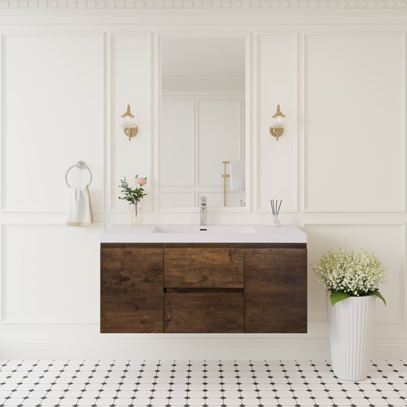 Meuble-lavabo mural simple 48 po avec plateau en résine intégré, 2 armoires, 2 tiroirs à fermeture en douceur et assemblage complet