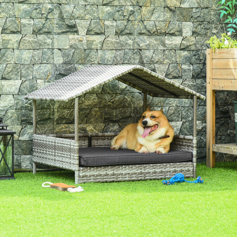 Lit pour chien avec auvent, coussin anti-allergies, pour chien de taille moyenne, auvent pour maison de petite et moyenne taille, couleur crème, surélevé