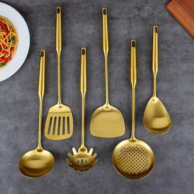 304 Stainless Steel Kitchen Utensils Set - 6 Piece Cooking Tool Kit With Spatula, Ladle, Skimmer, Spoons