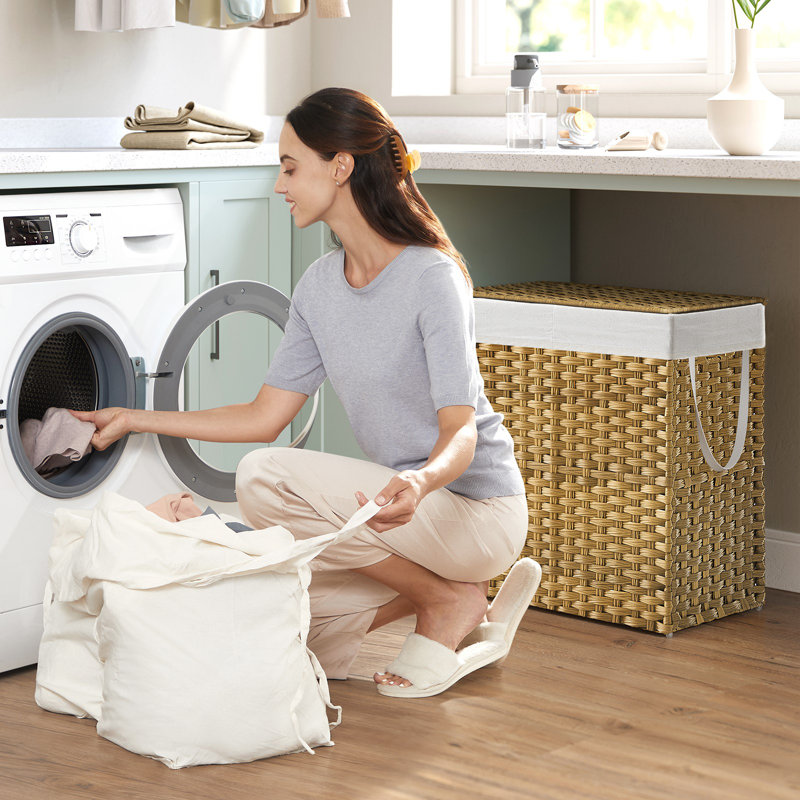 Panier à linge 110l avec 2 sacs de doublure amovibles, Naturel