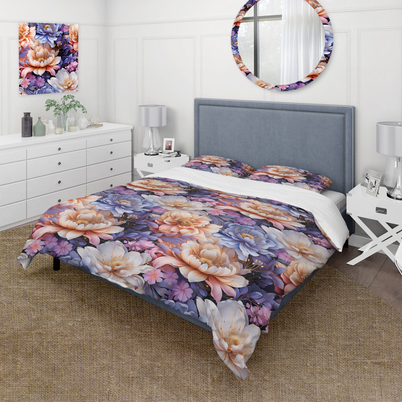 Bleu et beige métallique I - ensemble de housse de couette floral - polyester microfibre
