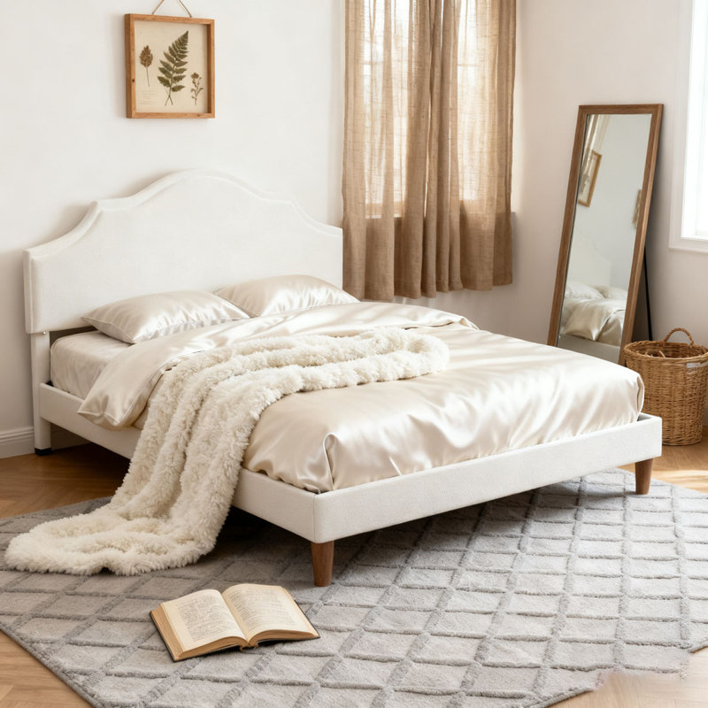 Lit plateforme tapissier avec tête de lit réglable, rembourrage en tissu de lin, Très grand, Blanc