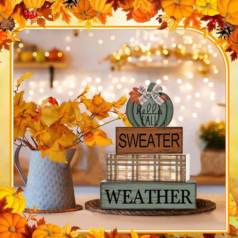 4 Pcs Wooden Fall Tabletop Decor Pumpkin Tiered Tray Decor Fall Centerpiece Rustic Decorative Block Signs Gift Farmhouse Table Decoration For Home Kitchen