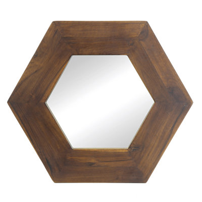 18.5" X 18.5" Hexagon Mirror With Solid Wood Frame, Wall Decor For Living Room Bathroom Hallway