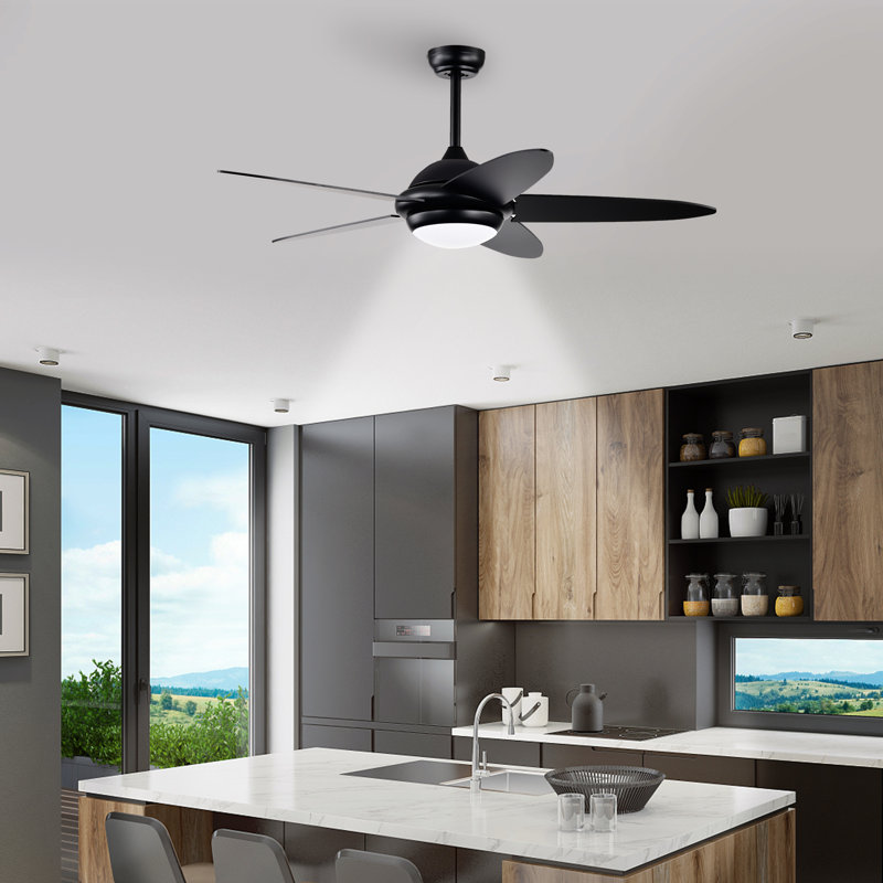 Ventilateur de plafond 52 po avec éclairage et télécommande Ivy Bronx, Bois brun foncé / noir, Noir