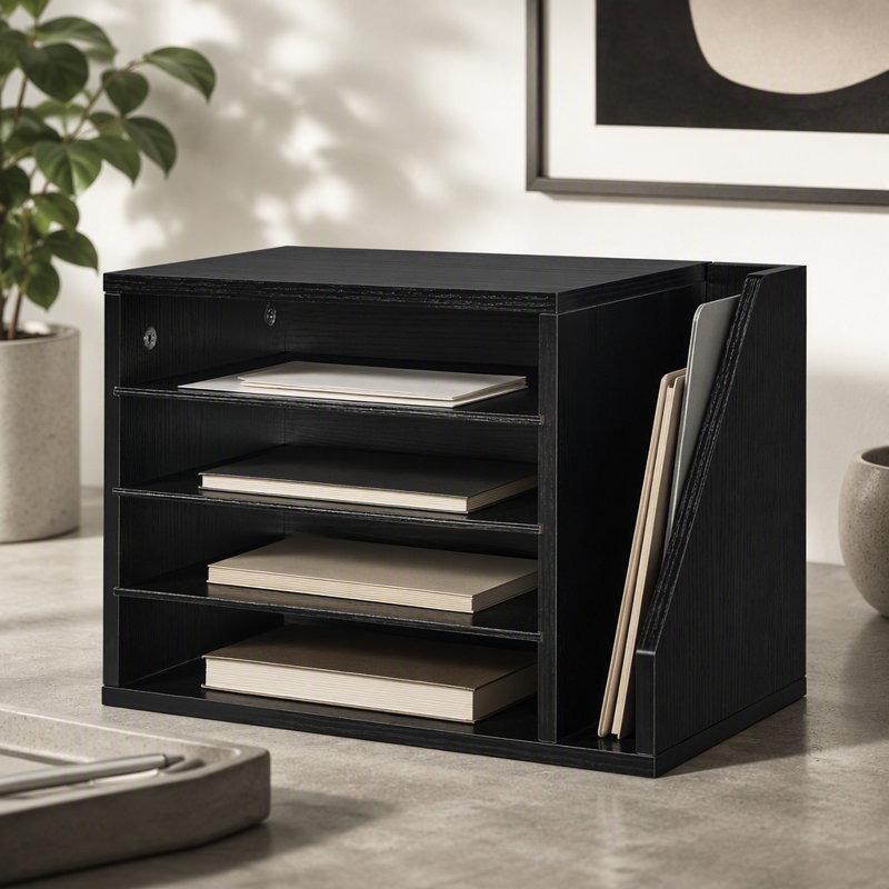 Organisateur de documents, boîte aux lettres de bureau à 4 compartiments avec tablettes amovibles, trieur de boîtes aux lettres en bois avec rangement vertical latéral, organiseur de bureau de bureau pour classeur, documents, papier, noir