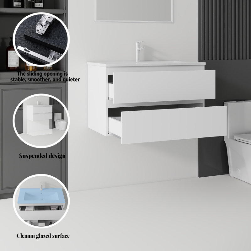 Meuble-lavabo flottant avec lavabo, White, 30" W