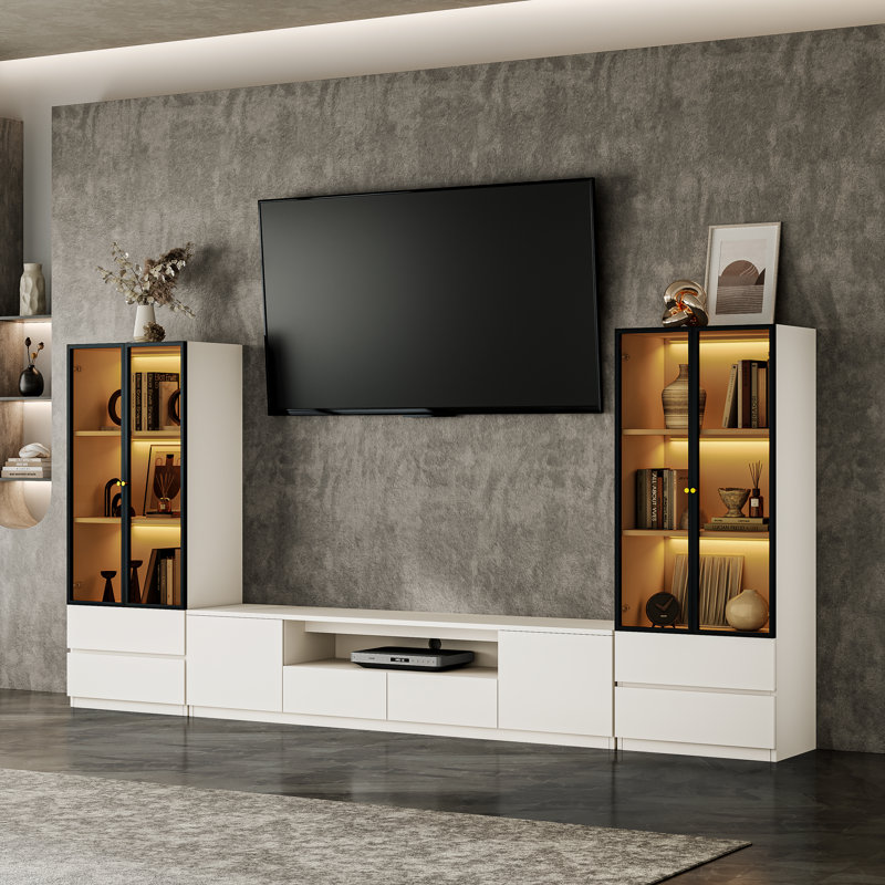 Crafton Modern 125.9'' White Entertainment Center With 3-Tier Bookshelf For 55/65/70/75 inch TV, Wooden Media Console With Storage TV Stand And Lights Glass Door bookshelves For Living Room Bedroom
