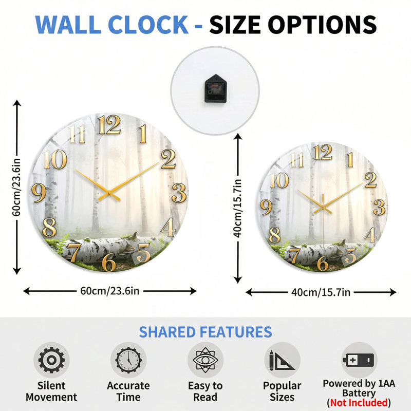 Horloge murale Birch Forest, 60 x 60 cm (23,6 x 23,6 pouces)