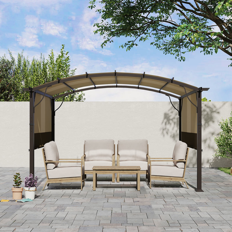 Aluminum Outdoor Pergola with Slightly Arched Canopy and Retractable Shade, Brown, 11.78 ft x 11.78 ft