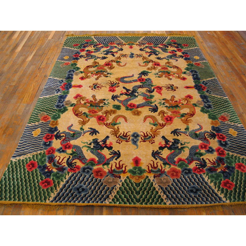 Magnificently Artistic Antique Dragon Chinese Design Fine Silk Rug
