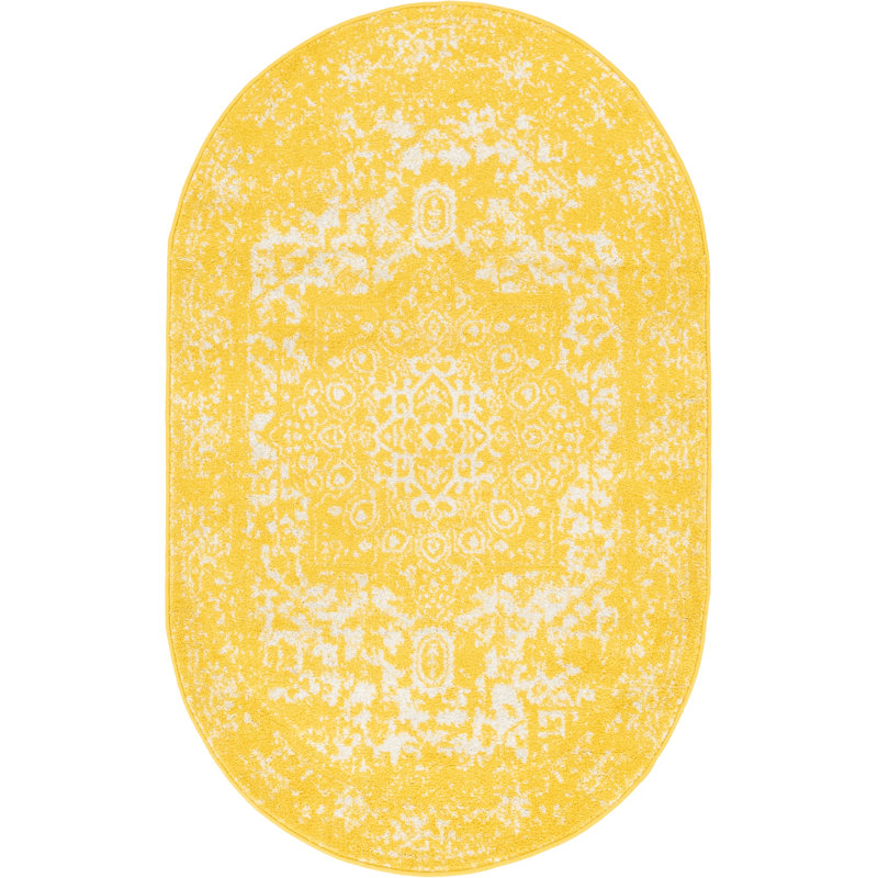 Tapis jaune tissé à la reine Reine, Ovale 3 pi 3 po x 5 pi 3 po