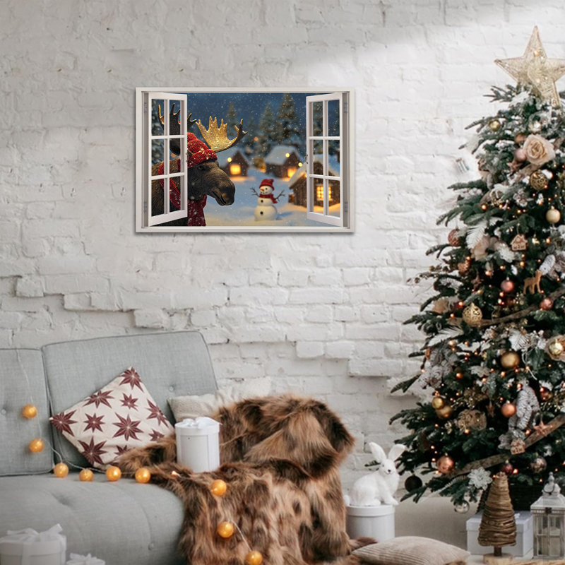 «Moose View Winter Wonderland», art mural - Scène d'hiver, décoration murale pour la joie de Noël, œuvre d'art du village des neiges pour le salon, impression murale sur toile encadrée, 24 po x 36 po