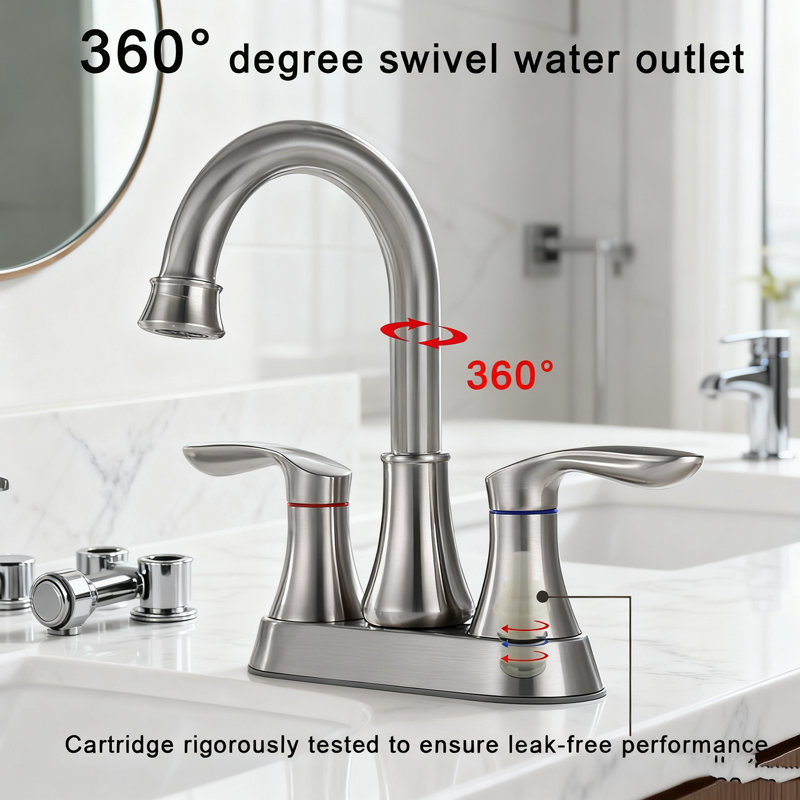 Robinet de salle de bain à 2 poignées en nickel brossé de 4 po, robinets de meuble-lavabo avec bonde escamotable et tuyaux d'alimentation