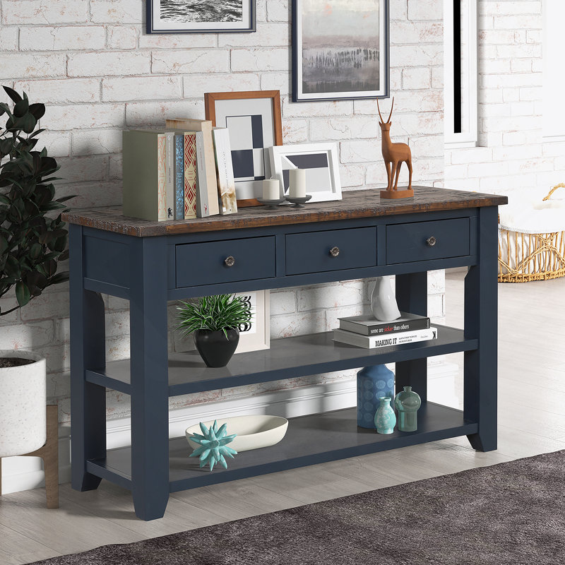 48'' Solid Pine Wood Top Console Table, Modern Entryway Sofa Side Table With 3 Storage Drawers And 2 Shelves. Easy To Assemble (Navy Blue + Brown Top