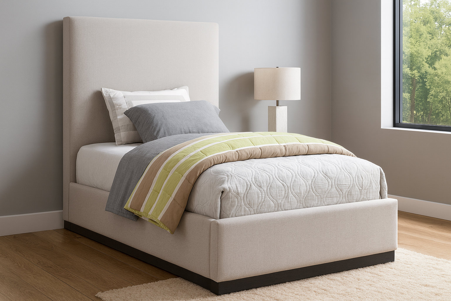 Citori Linen Upholstered Bed, Twin, Beige Linen Textured Fabric