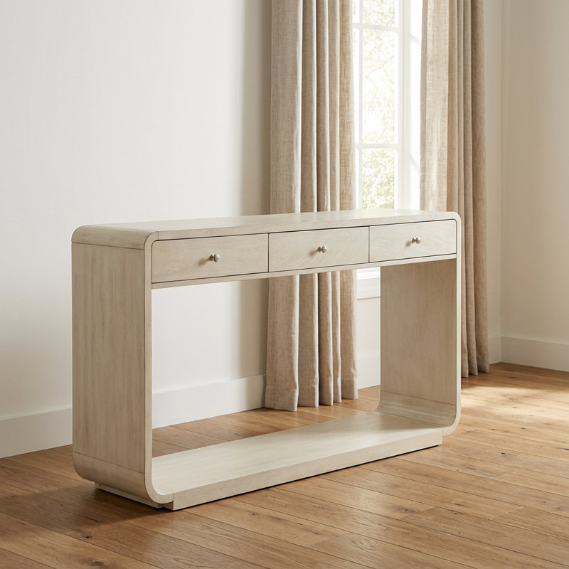 Console classique avec 3 tiroirs de rangement spacieux, tablette ouverte, support de pieds courbé, fabrication en bois composite robuste, assemblage facile, convient au vestibule, au couloir, au salon, au bureau