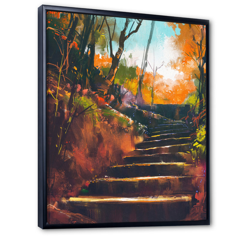 Stone Stair Path In Autumn Forest - reproduction d'art sur toile traditionnelle, H 21 po x l 12 po, Cadre noir
