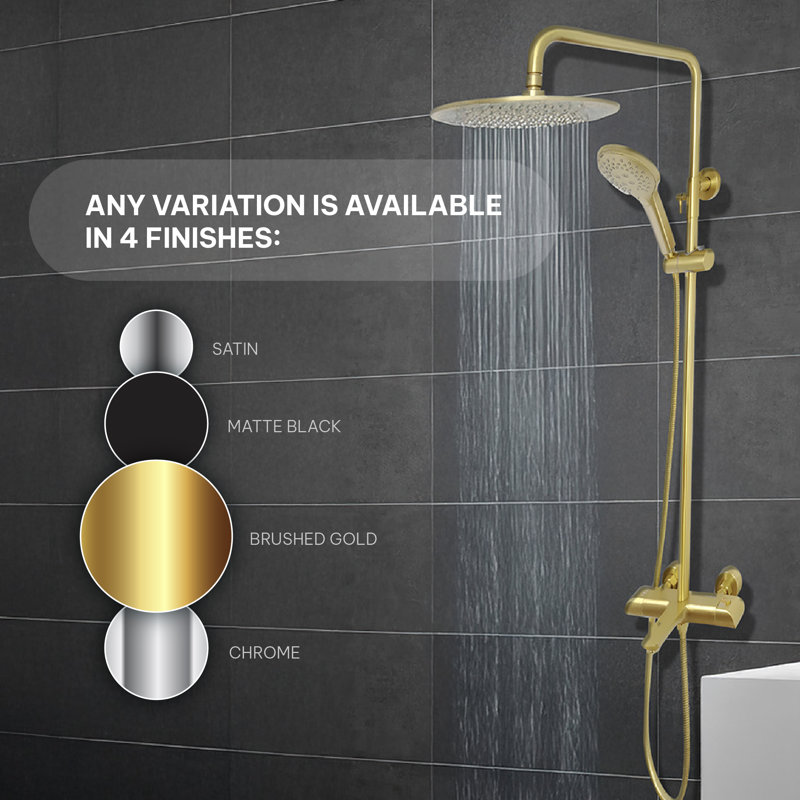 Zen Three Function Thermostatic Exposed Shower Pipe System With Round 10inc Rain Shower Head And 3 Functions Hand Shower And Tub Spout.