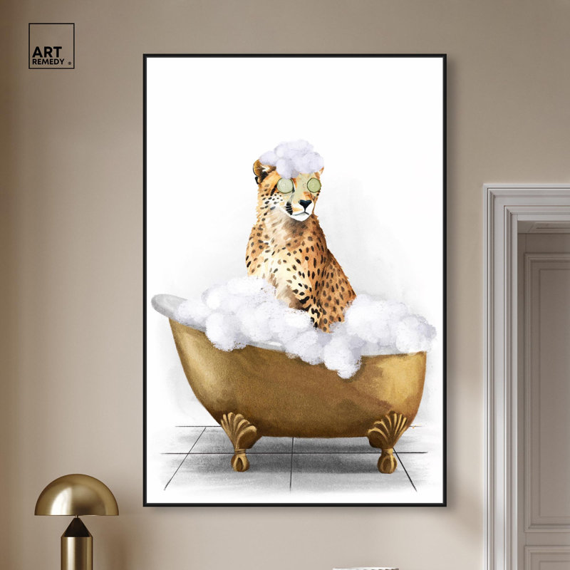«Bathtime Cheetah», reproduction d'art sur toile par Art Remedy, Structure noire, H 16 po x l 11 po