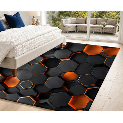Tapis lavable à la machine hexagonal avec envers antidérapant, tapis de sol à motif géométrique noir et orange, décoration intérieure douillette pour le salon, la chambre à coucher, le coin-détente, la caverne d'homme, appartement